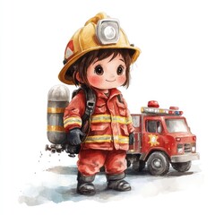 Cute Isometric Watercolor Child in Firefighter Outfit