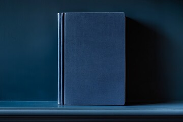 A simple blue book resting against a dark wall on a wooden ledge, showcasing its textured cover and minimalistic design in soft light. Generative AI