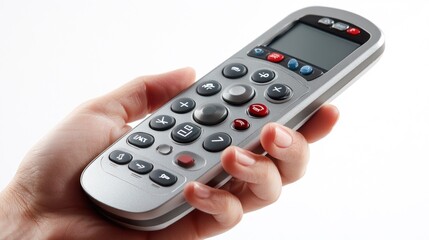 Close up of remote control for television and air conditioner held by a person on transparent white background