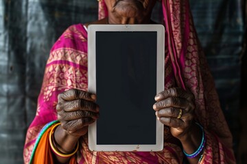 Fototapeta premium App demo indian woman in her 50s holding a tablet with a completely grey screen