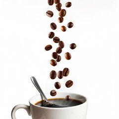 Obraz premium coffee beans falling into cup of coffee with spoon isolated on white background