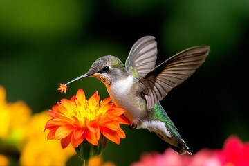 Fototapeta premium Young hummingbird sipping nectar from a bright flower