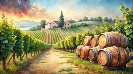 Obraz premium Idyllic countryside winery with barrels and vines in watercolor art