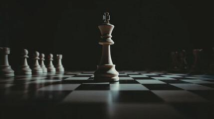 A white chess king stands tall in the center of the board, surrounded by other pieces in a dimly lit room.