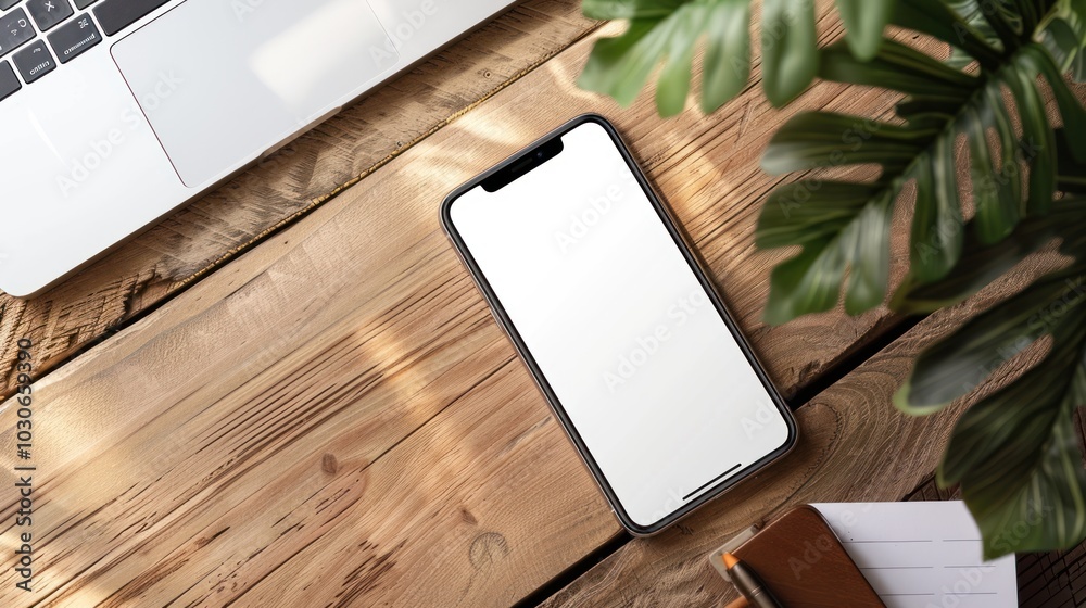 Canvas Prints Top View of a Smartphone on a Wooden Table