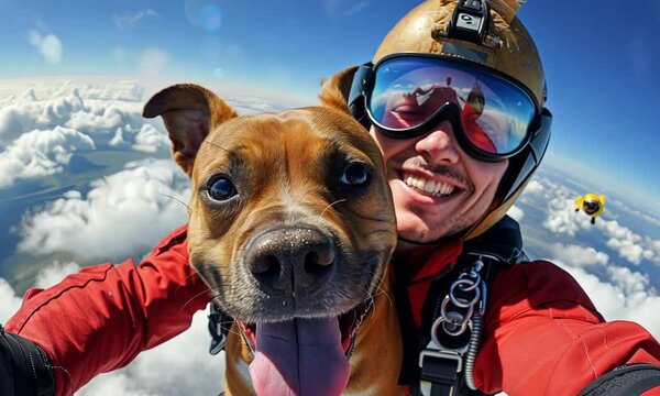 Experience the excitement of a tandem skydive with a playful dog enjoying the exhilarating freefall, surrounded by stunning cloudscapes and blue skies