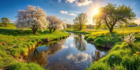 Obraz premium Idyllic spring landscape with a meandering creek Depth of Field