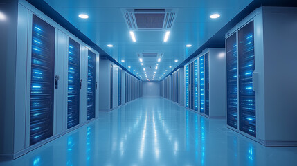Empty modern server room / data center with computers running