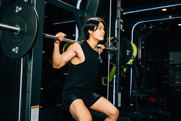 Asian muscular man guy performing a squat exercise legs heavy weights with a barbell in gym, men doing lifting barbell work out at fitness gym, sport workout healthy lifestyle concept