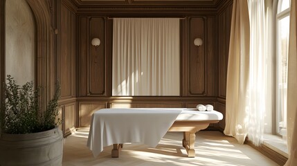 57. A tranquil spa room with an empty massage table