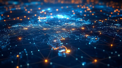 Fototapeta premium Digital representation of a global network with interconnected nodes.