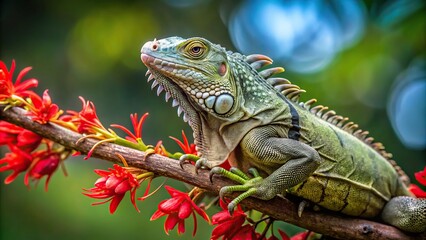 Obraz premium Iguana resting on a tree limb curiously looking at red flowers to eat reflected in water