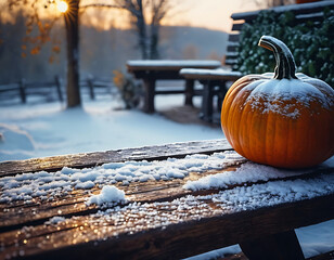 Close-up, academic oil painting, autumn morning, pumpkin, covered with snow, lies on an old wooden bench