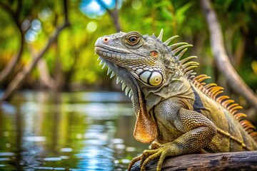 Fototapeta premium Iguana posing on top of a mangrove tree