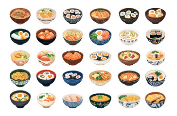 Ramen noodles cartoon vector set. Sushi nigiri temaki sashimi wheat shrimps bowl meat fish eggs rice japan snacks, national traditional asian street restaurant food, isolated illustrations