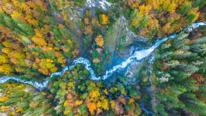A stunning aerial capture of Martuljek Lower Waterfall in the autumn season, surrounded by vibrant fall foliage in the Slovenian Alps