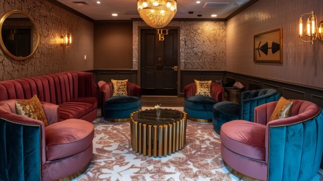 A chic relaxation lounge adorned with plush velvet furniture and gilded accents invites guests to unwind in opulent luxury.