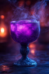 A mystical purple drink in an ornate glass, surrounded by swirling smoke and a warm, glowing ambiance.