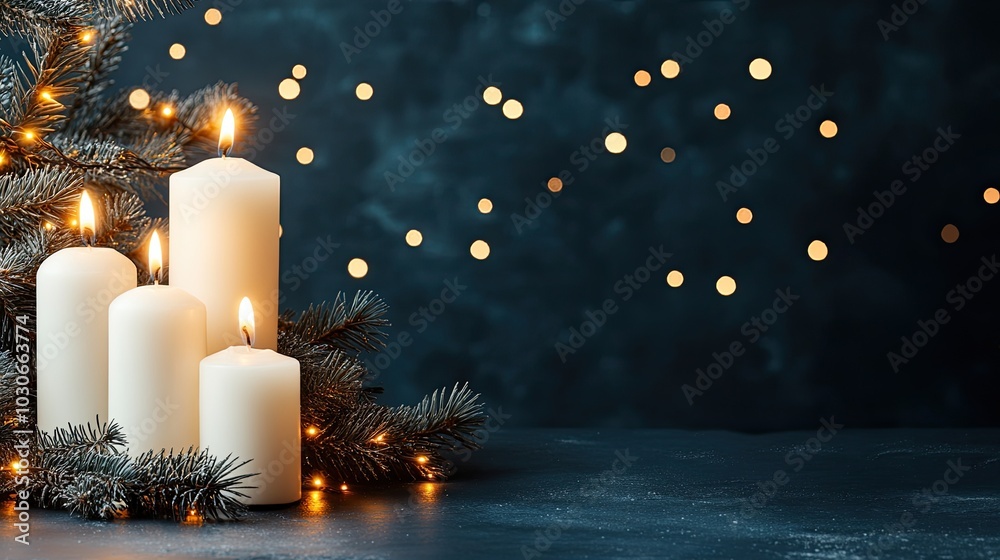 Canvas Prints A beautiful arrangement of white candles rests atop lush evergreen branches, surrounded by soft golden ornaments, all illuminated by twinkling holiday lights in the background