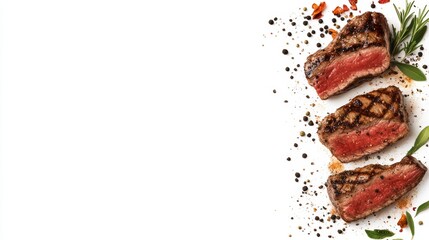 Grilled Steak with Spices and Herbs on White Background