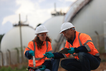 Fototapeta premium Senior male and female engineers in safety coveralls discussing oil and gas production performance and wastewater research using a laptop.