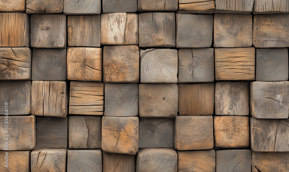 Wall mural natural wood blocks arranged in a geometric pattern with textured surface for wall paneling or desig