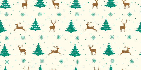 Christmas seamless pattern design, Christmas tree, reindeer and snowflake. happy new year, winter holiday, snowfall. Green and brown color combination.
