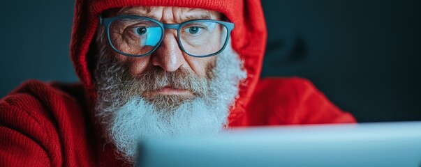 Elderly man in red sweater using laptop