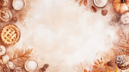 Autumn Watercolor Background with Fall Leaves  Pumpkin  and Pie