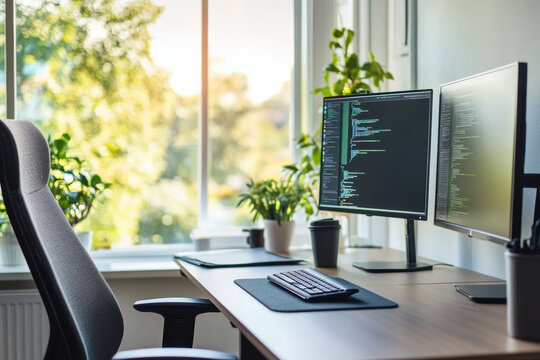 A sleek home office setup featuring dual monitors displaying code, with a comfortable chair, potted plants, and natural light streaming through the window.