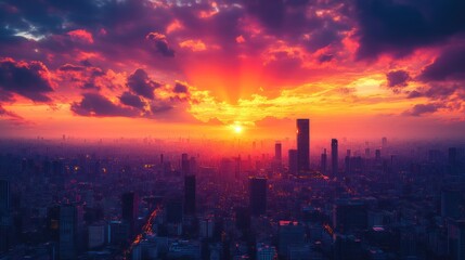 Fototapeta premium Stunning sunset over a city skyline with vibrant colors.