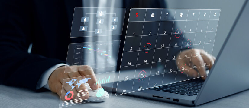 Businessman manages time to work efficiently and on time on all projects. Managing a scheduled meeting.Calendar work schedule, business plan concept.	