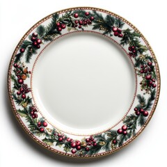 Elegant ceramic holiday dinner plate with festive pine and berry design. christmas tableware concept.