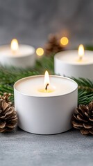 A beautiful arrangement of white candles rests atop lush evergreen branches, surrounded by soft golden ornaments, all illuminated by twinkling holiday lights in the background