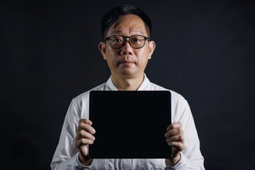 Display mockup asian man in his 30s holding a tablet with a completely black screen