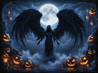 Fallen halloween angel with dark wings, Full moon background, Halloween Ghost, Dark misty 