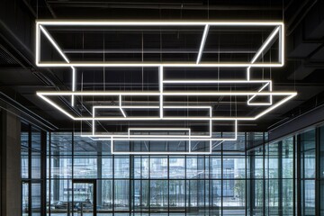 Obraz premium A fluorescent ceiling lamp in a co-working space, a hanging light in a high-rise building