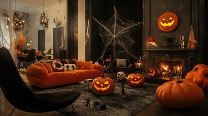 Obraz premium Dark-themed Halloween living room party with pumpkins carved into spooky faces, fake spiders crawling on the walls, and cobwebs draping the furniture. Black and orange decor.