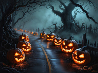 Halloween scary pumpkin road, Ghost road, Dark misty, horror theme