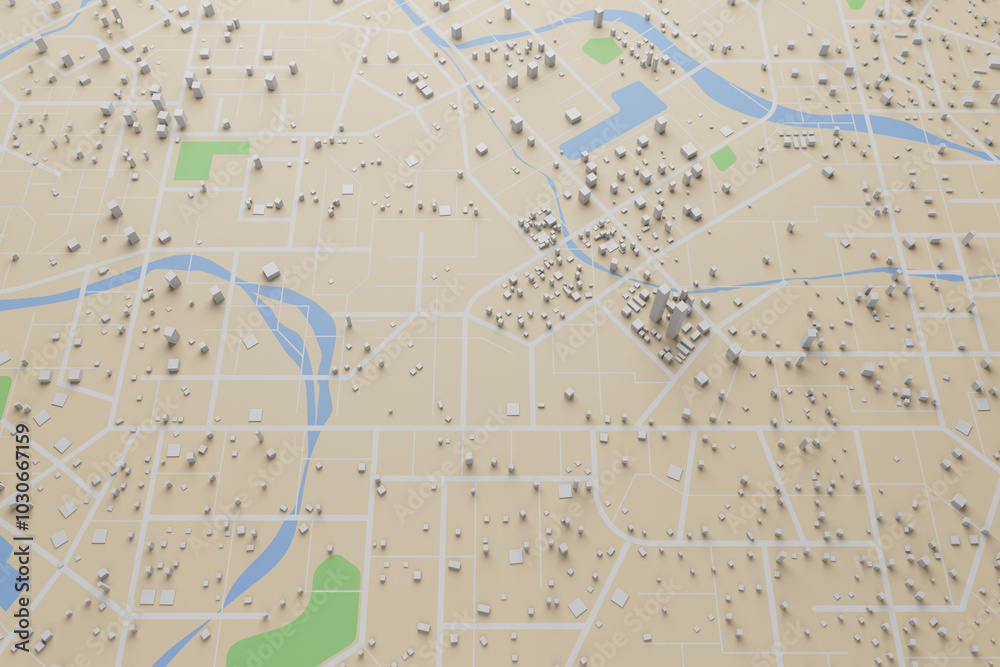 Poster 3d rendering city map illustration of a city map created using 3d modeling. top view of urban map wi