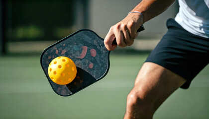 Close up action of a pickleball game, player about to hit an pickleball with a paddle or racket. The pickleball is in sharp focus in the foreground