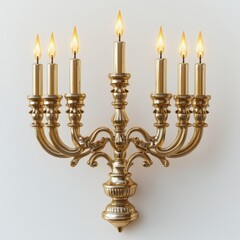 Elegant seven-candle brass wall sconce with lit candles on a white background