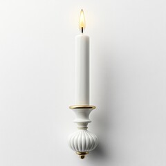 Elegant white candle on decorative holder against plain background.