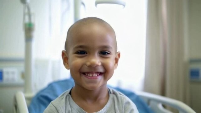 A young smiling bald boy with cancer survivor is smiling in a hospital room. Medical equipment, including a bed, a chair to do his chemotherapy