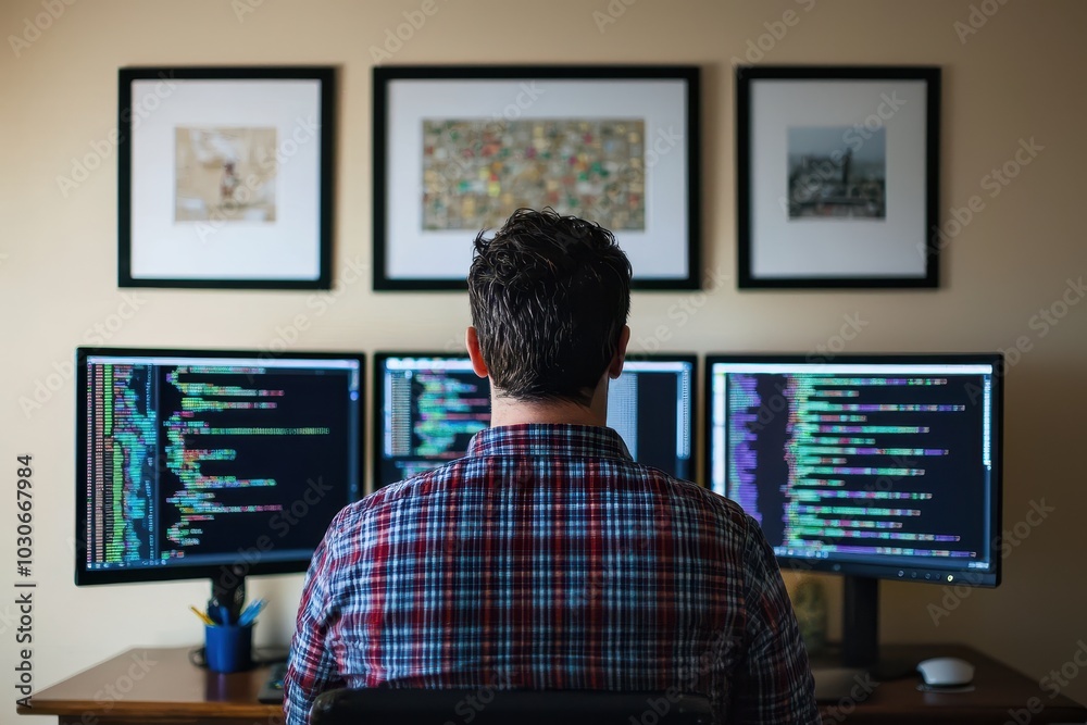 Fototapete Person coding at multiple computer screens