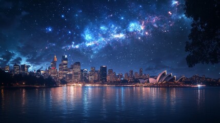 Vibrant cityscape of Sydney Harbour featuring a stunning view with deep space in the background, showcasing colorful spraypaint art that captures the dynamic essence of urban life and creativity.