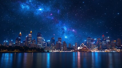 Fototapeta premium Vibrant cityscape of Sydney Harbour featuring a stunning view with deep space in the background, showcasing colorful spraypaint art that captures the dynamic essence of urban life and creativity.