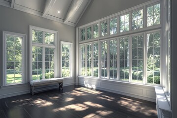 Fototapeta premium With two sides of windows and lots of natural light, this living room den sun room features a window seat on the right and a leather couch and plant on the left.