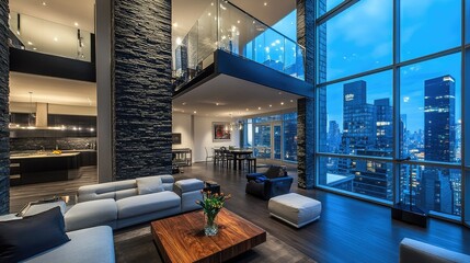 Elegant penthouse loft living room with dark stone walls, a spacious open floor plan, and modern furniture. Glass walls provide panoramic views of the city.