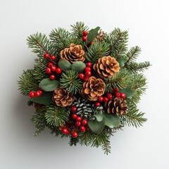 Festive christmas centerpiece with pine cones, red berries, and evergreen foliage on white background